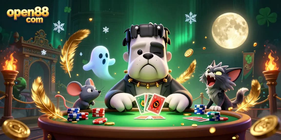 Engage with open88 com at this lively casino scene featuring a cartoon Frankenstein bulldog monster and friends.
