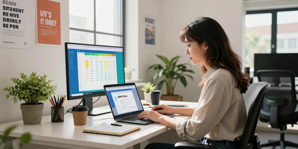 Download WPS Office in a modern office scene with a woman using productivity tools on her laptop.