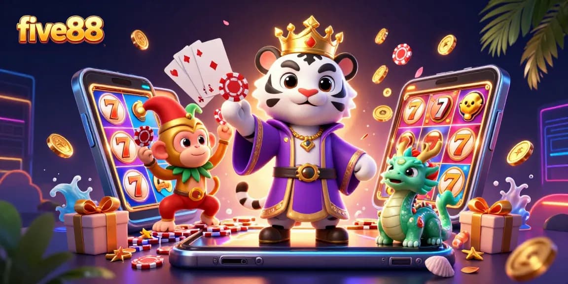 Experience the excitement at five88 with a joyful scene of characters and casino elements.