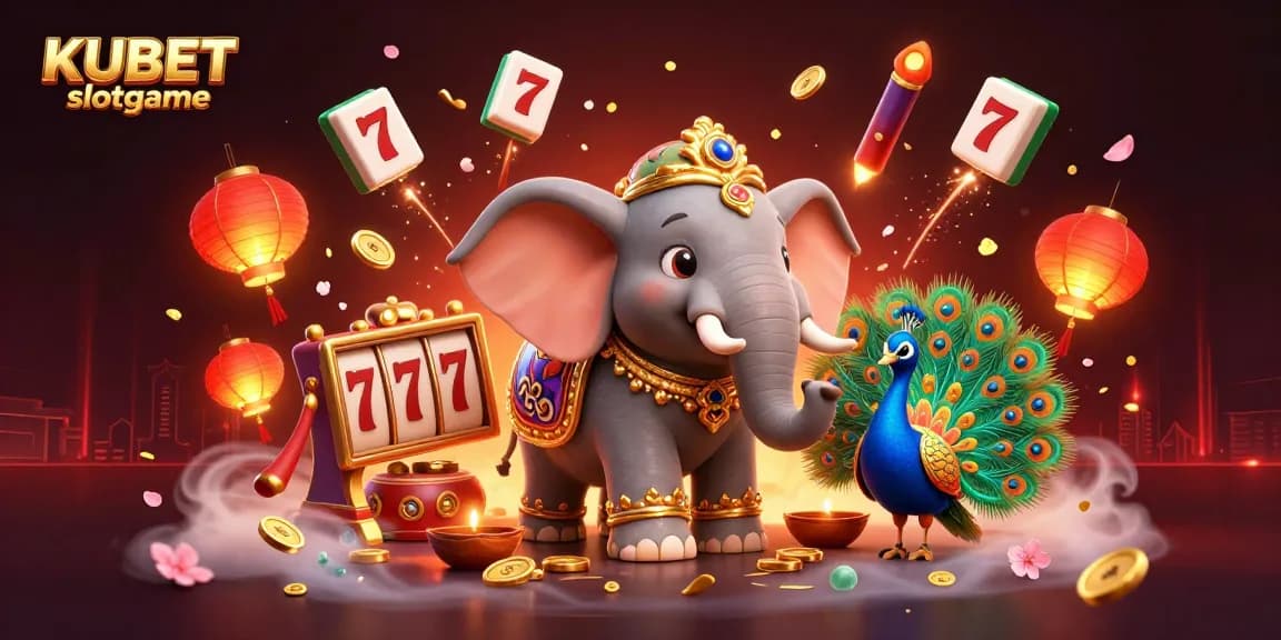KUBET slotgame offers a vibrant illustration featuring a festive elephant and peacock surrounded by casino elements, enhancing gaming excitement.