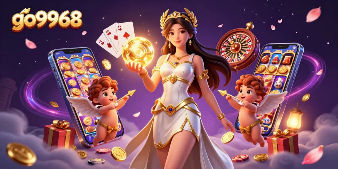 Experience excitement at go9968 with a glowing goddess and golden games, vibrant 3D illustration.