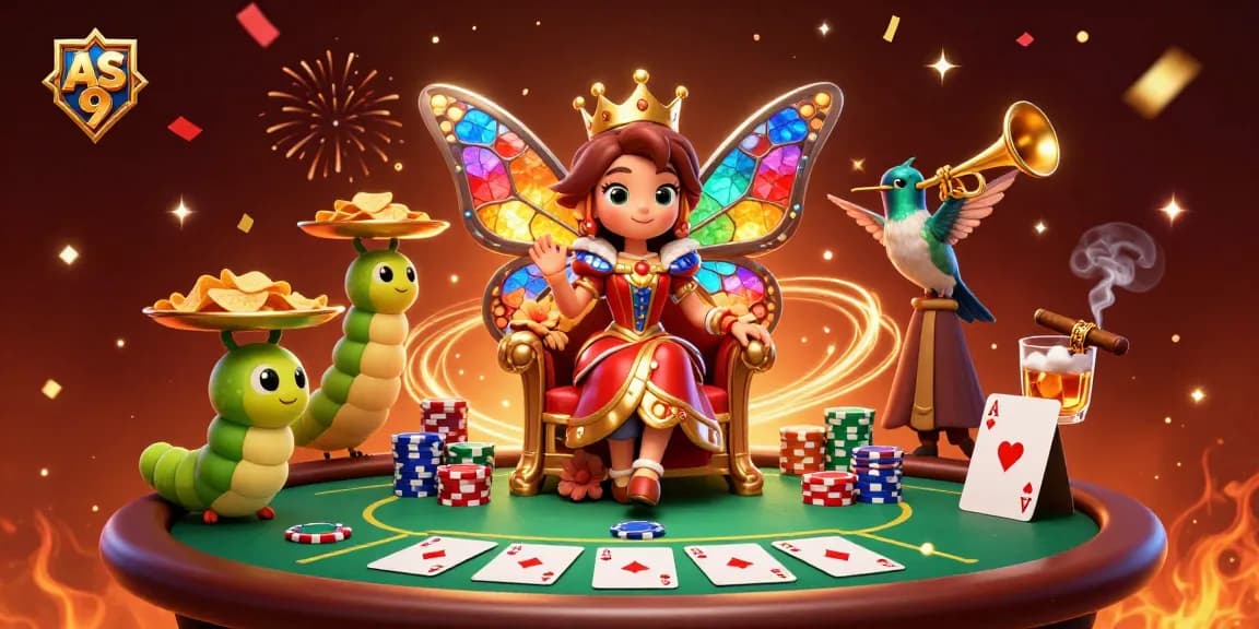 Engaging AS 9 casino scene of a butterfly queen amidst poker chips and celebration.
