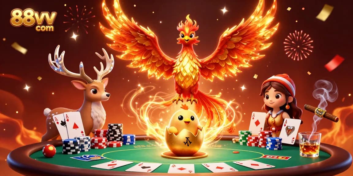 Experience the excitement of 88vv com with a vibrant poker scene featuring a phoenix and stag.