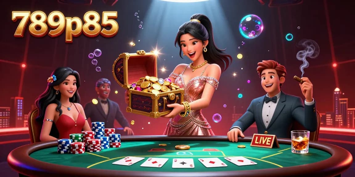 Experience thrilling wins with 789p85 at a vibrant poker table filled with rich illustrations.