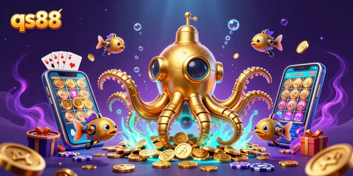 Experience the thrill of winning big with qs88 at a vibrant underwater casino scene featuring a golden kraken.