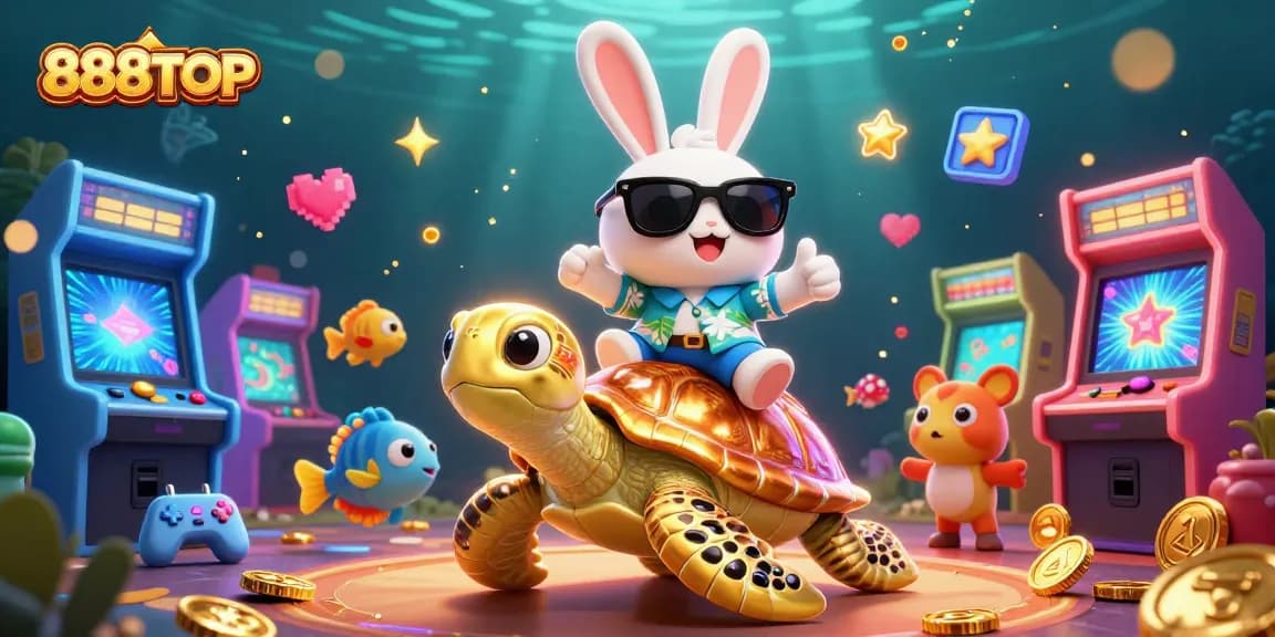 Engage with 888TOP's vibrant casino world featuring a lucky rabbit and golden turtle surrounded by gaming elements.