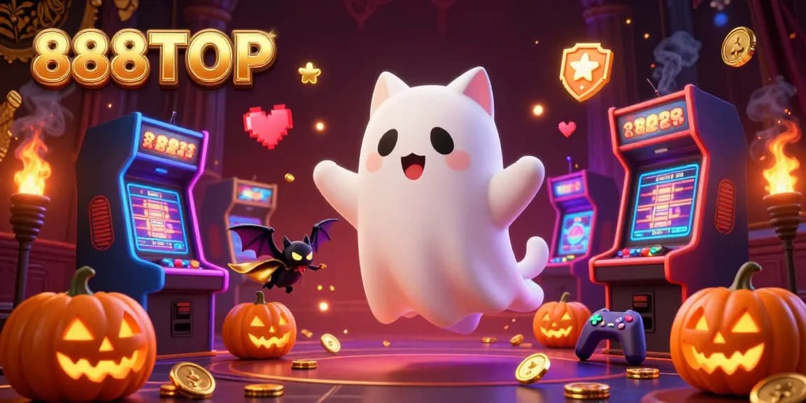 Experience thrilling gameplay at 888TOP in a haunted casino, featuring a friendly ghost cat and vibrant arcade machines.