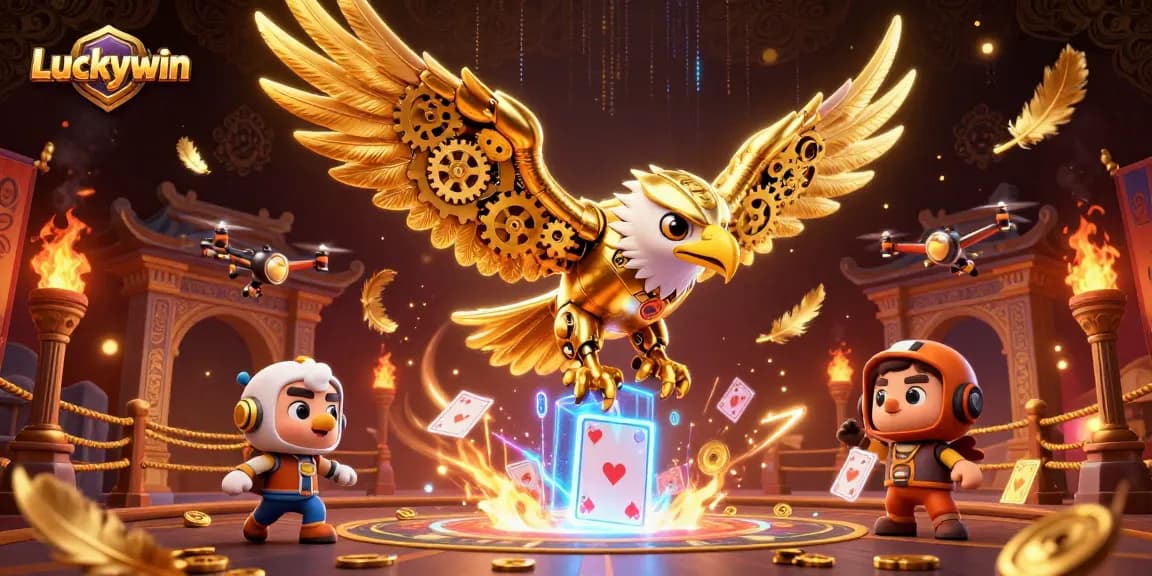 Luckywin showcases an electrifying scene with a golden eagle diving through holographic cards amidst captivating casino elements.