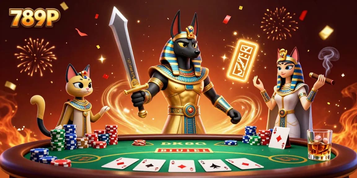 Experience thrilling poker action at 789P, featuring Anubis and Bastet in an immersive casino atmosphere.