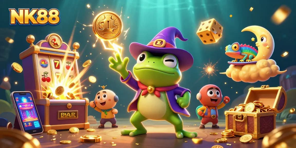Experience NK88's thrilling casino excitement with a wizard frog and dynamic golden assets.