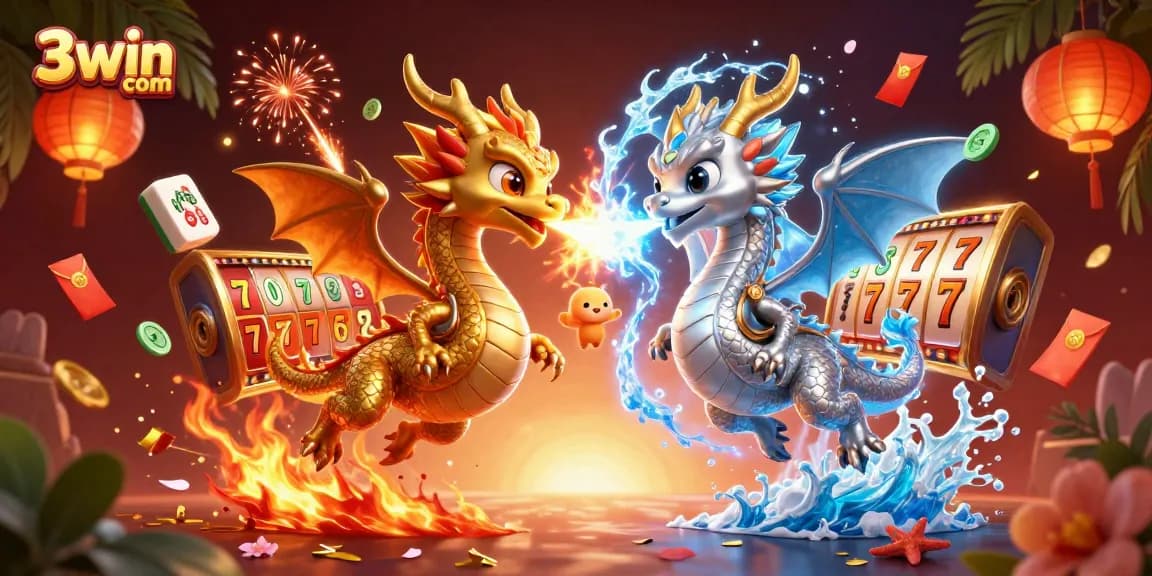 Experience the excitement of 3win com with a dynamic illustration featuring dragons, slot reels, and vibrant gaming elements.