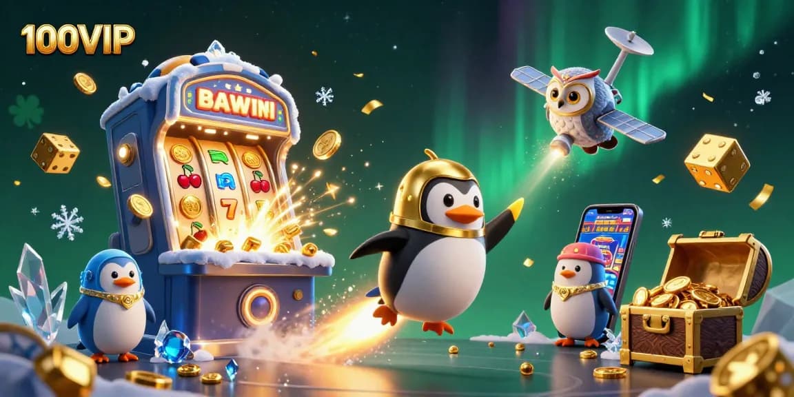 Experience the excitement of 100VIP with the golden penguin and jackpot explosion in a vibrant casino scene.