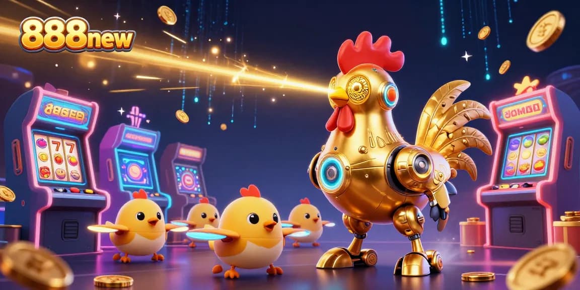 Engage in the excitement of 888new with a vibrant scene of golden rooster robot and casino elements.
