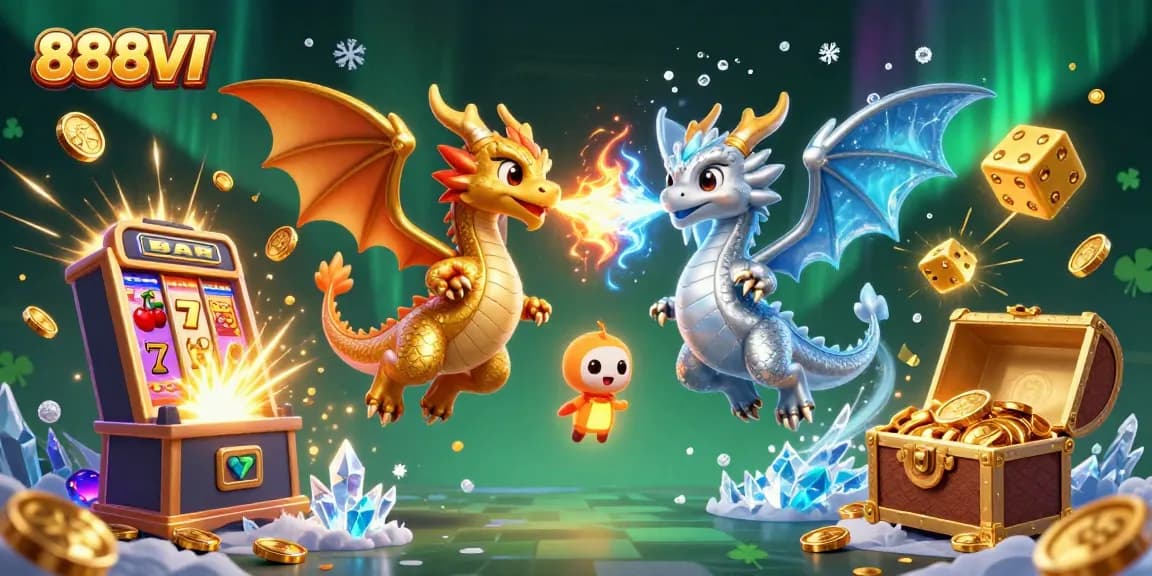 Experience thrilling moments of 888VI with magical dragons and a jackpot burst in this vibrant casino illustration.