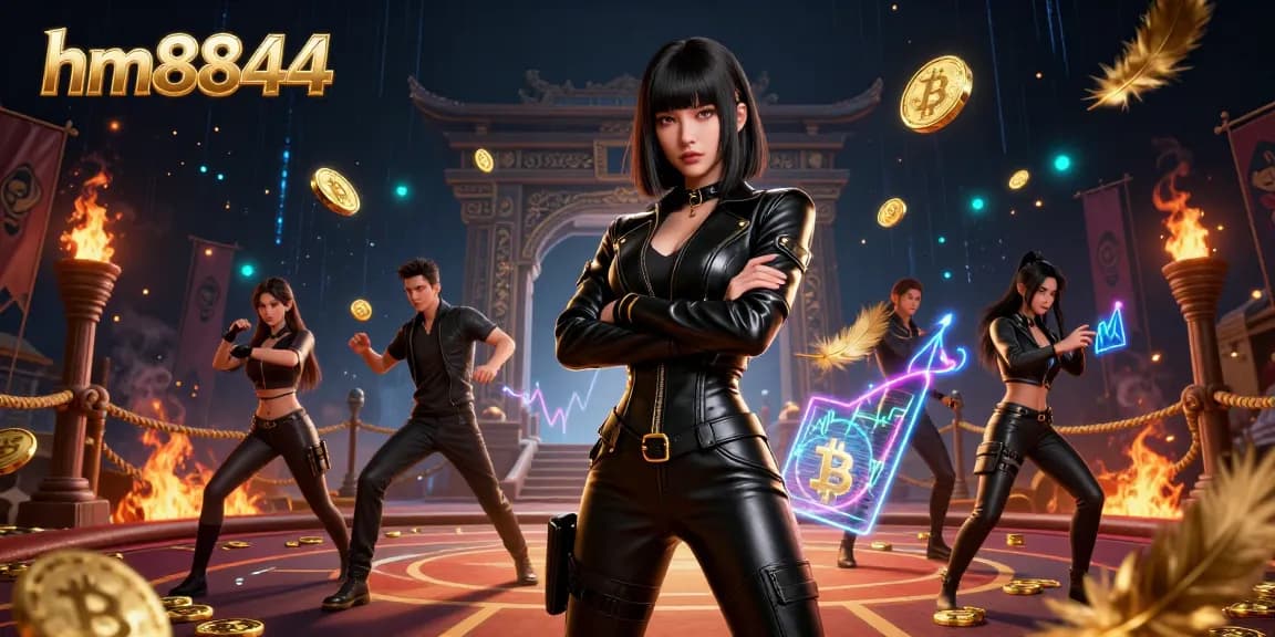 Engage in exciting gameplay at hm8844, featuring a stunning Asian woman amidst golden Bitcoin coins and dynamic casino visuals.