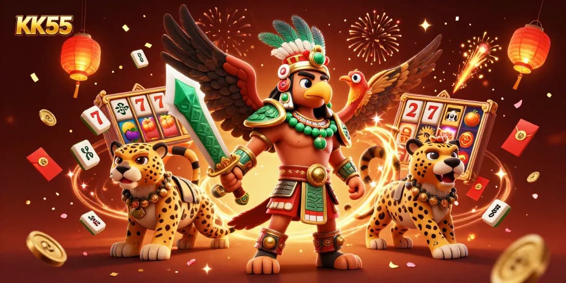 Experience the thrill of KK55 with dynamic slots and rich casino elements in vibrant 3D illustration.