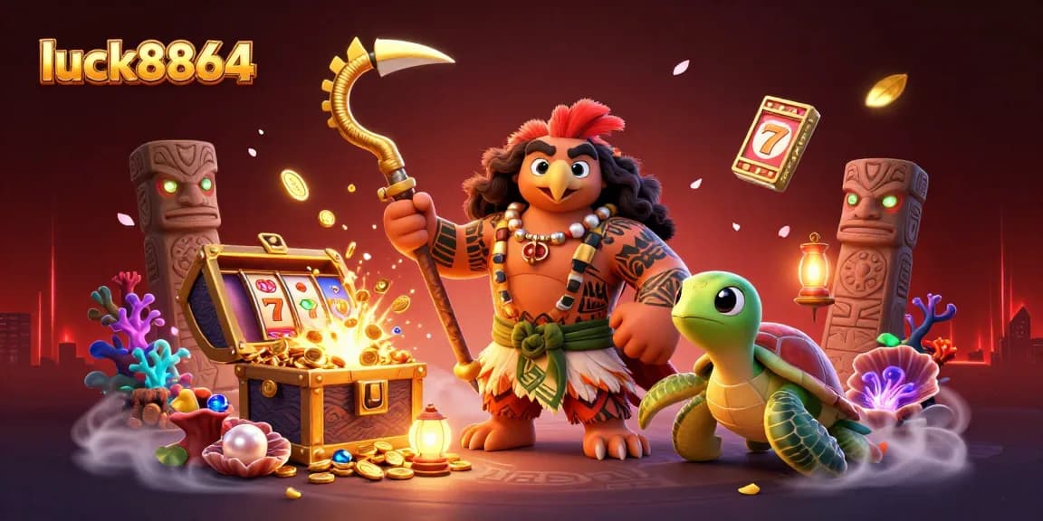 Watch luck8864's Maui-style demigod and turtle adventure amidst colorful casino treasures and magical elements.