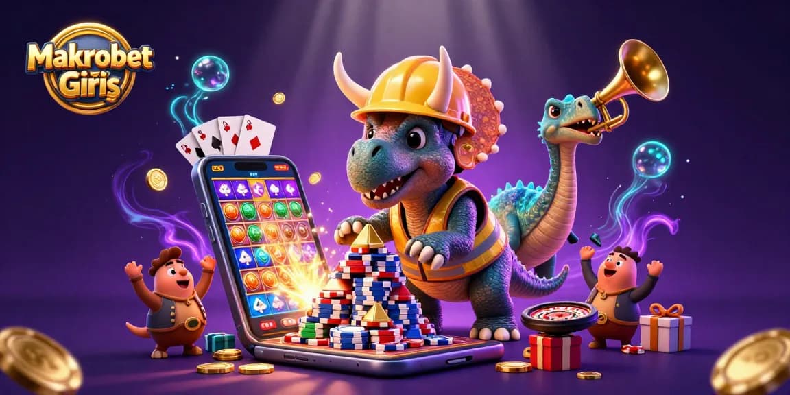 Makrobet Giriş visualization, triceratops celebrates with poker chips while a smartphone displays exciting slots.