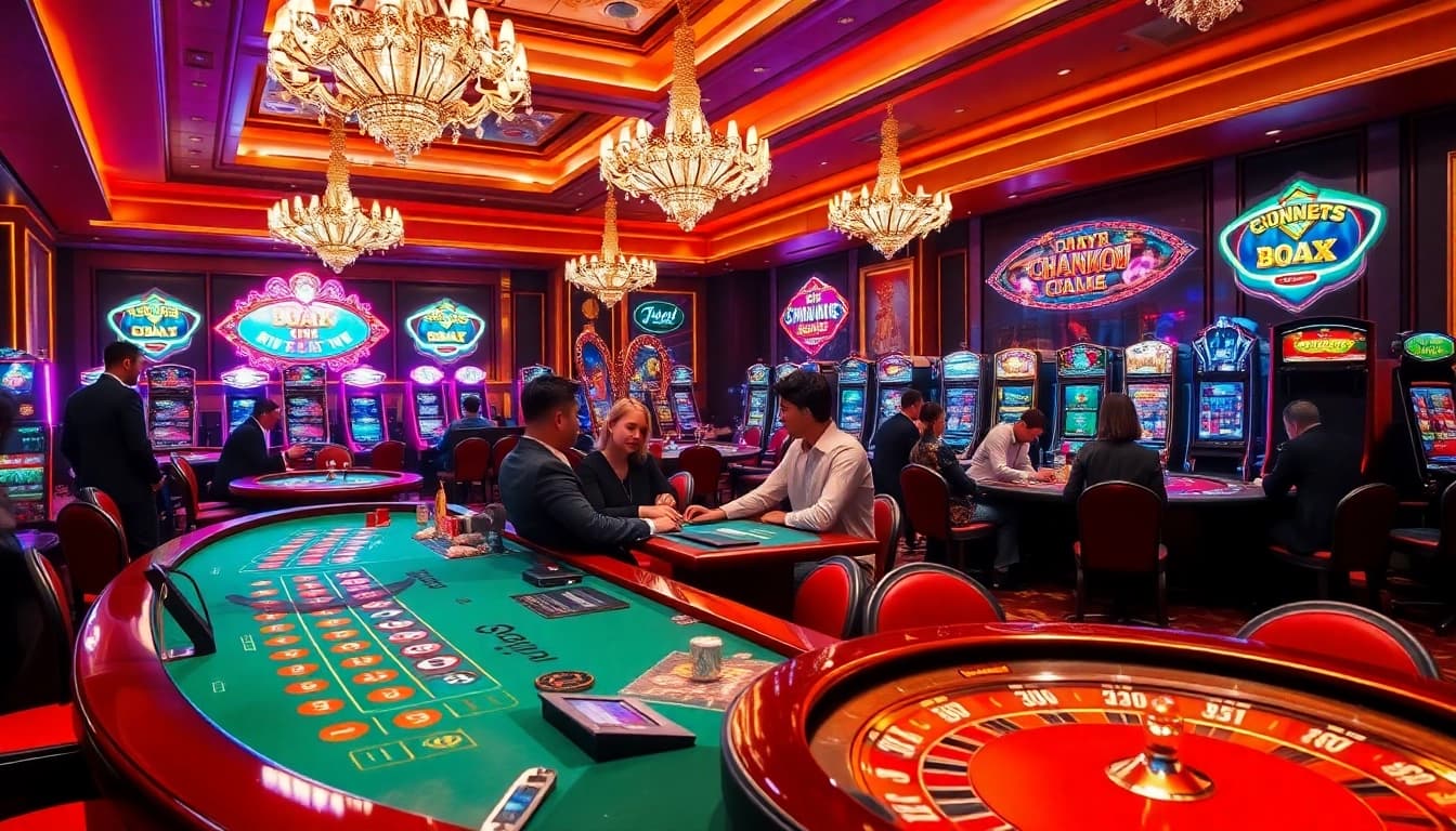 Players enjoying their favorite games at Cổng game Hitclub in a vibrant online casino setting.