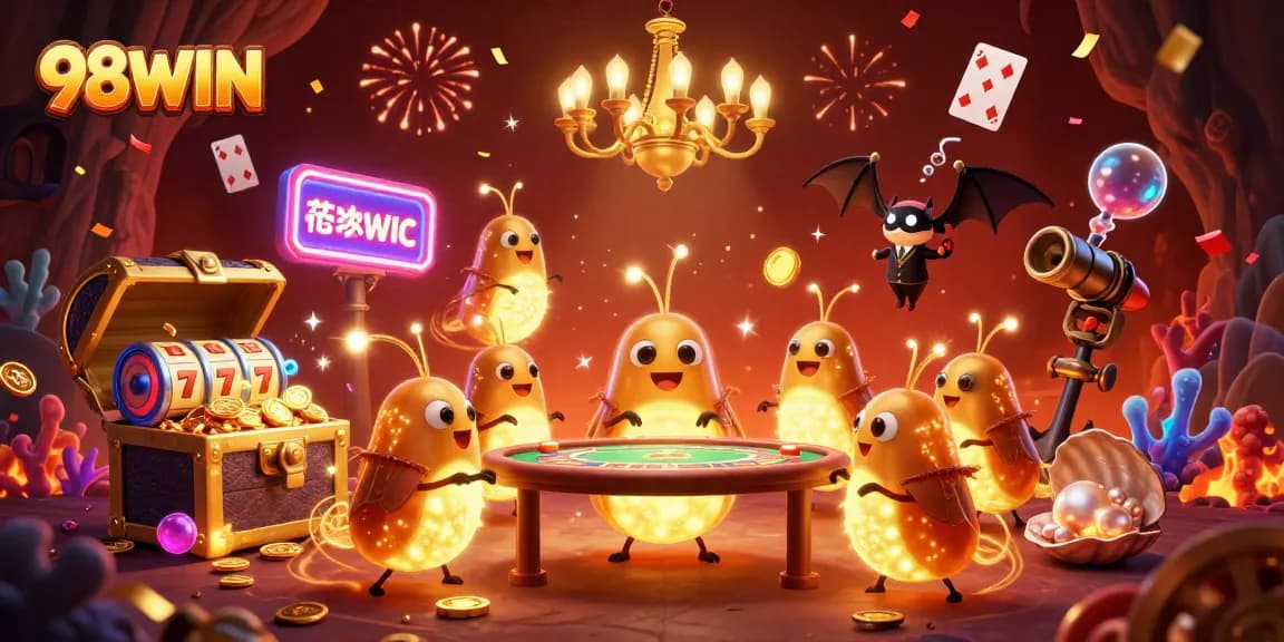 Experience the excitement of 98WIN as glowworms illuminate a lively casino scene with bioluminescent magic.