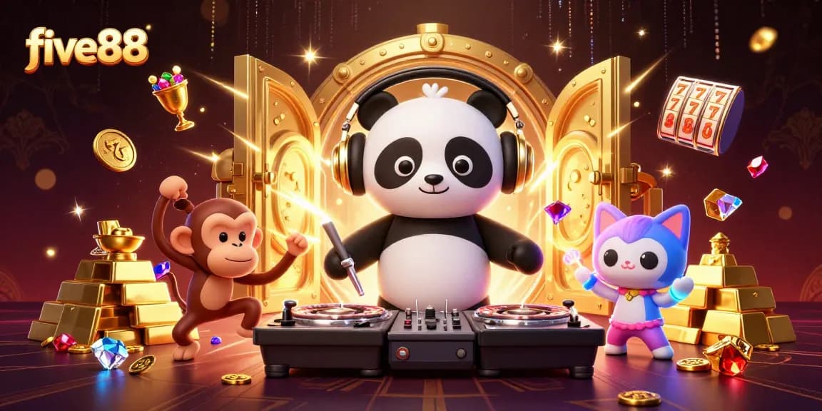 Experience the excitement of five88 with a DJ panda at a lively casino scene bursting with treasures and energy.