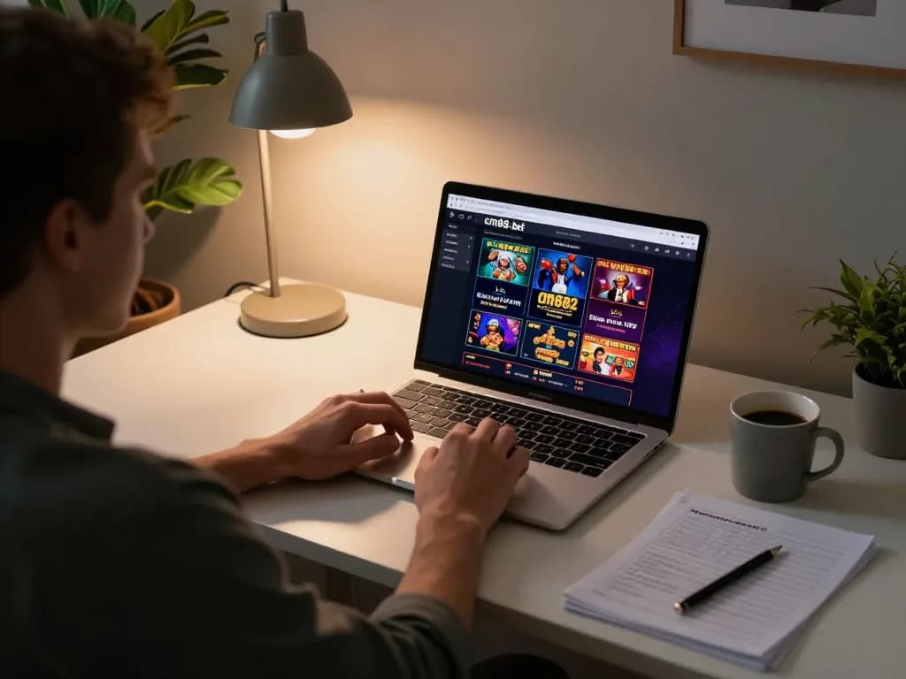 Player engaging with the cm88-bet casino interface on laptop, showcasing online gaming atmosphere.