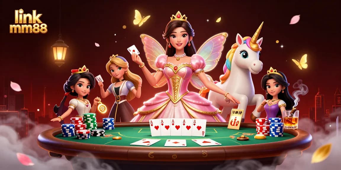 Betting with style at link mm88 in a vibrant casino setting featuring poker elements and fairy-tale aesthetics.