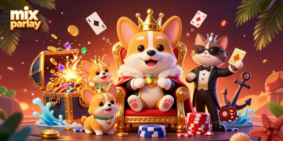 Engage in mix parlay betting with a royal corgi and cat butler scene, showcasing luxury.