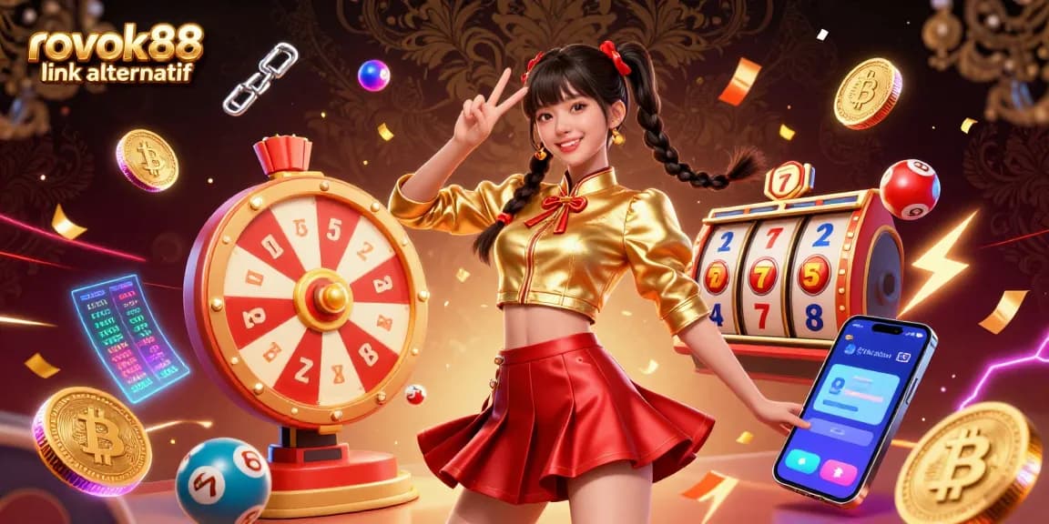 Engage with rokok88 link alternatif through festive casino action featuring a joyous Asian woman amidst slot reels and vibrant symbols.