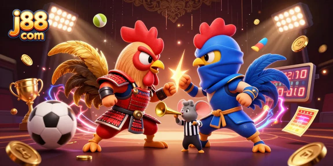 Engage with thrilling action at j88 com with dynamic fighting roosters in a vibrant gambling scene.