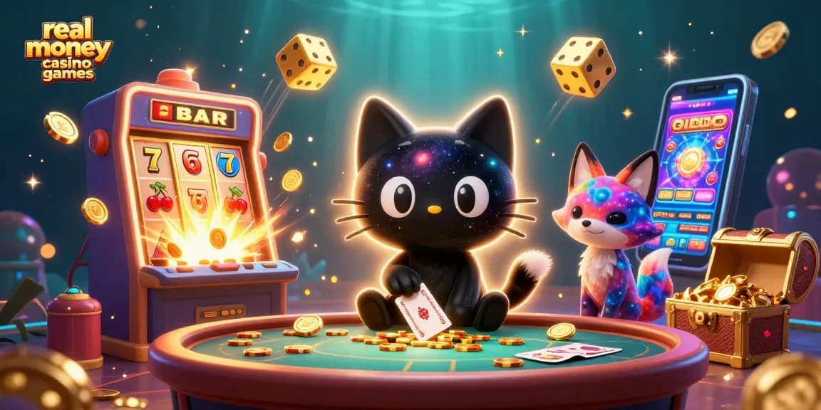 Experience real money casino games with a cosmic cat and fox in a vibrant casino table scene.