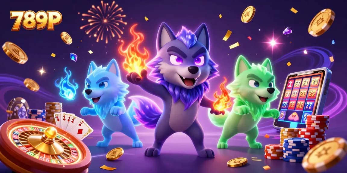 Experience thrilling games at 789P as wolf characters celebrate amidst cascading coins and playing cards.