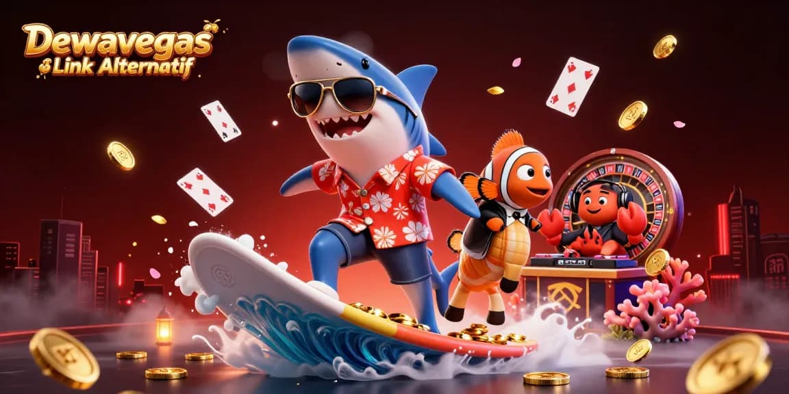 Dewavegas Link Alternatif presents dynamic live casino action with sharks, cards, and gold coins
