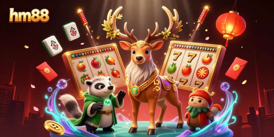 Experience the thrill of hm88 with a vibrant 3D casino scene featuring dynamic slot reels and magical characters.