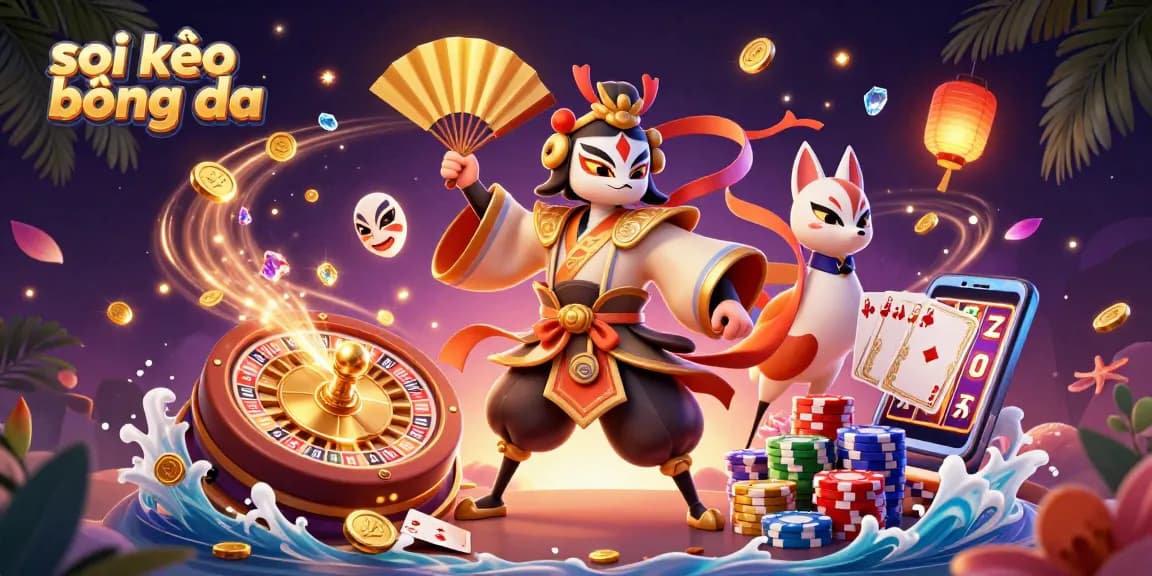 Sparkling scene showcasing soi kèo bóng đá with kabuki warrior and kitsune mask, vibrant casino elements