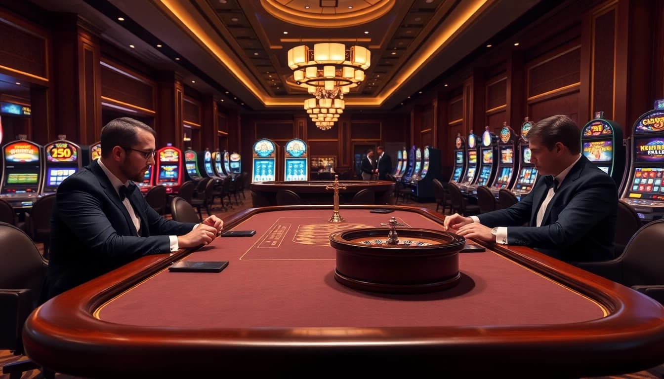 Experience PS 99 excitement at a luxurious poker table in an upscale casino setting.