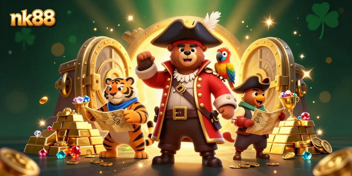 Experience thrilling adventures with nk88 in this vibrant 3D pirate-themed casino illustration.