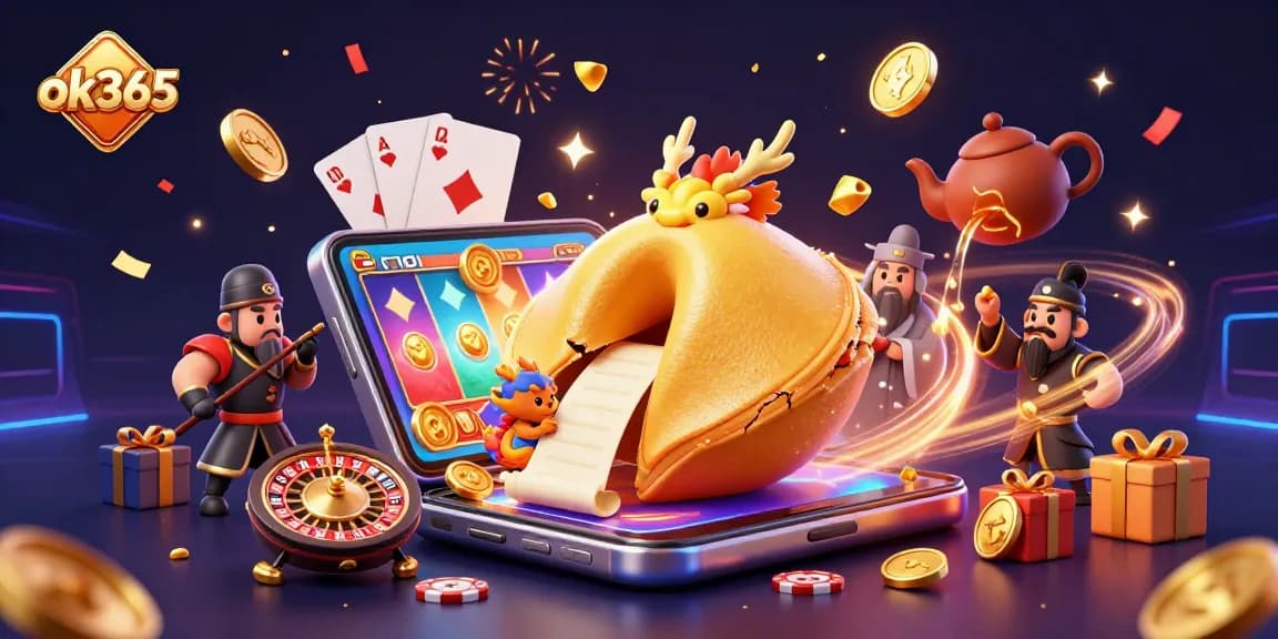 Play dynamic slot games with ok365 in a vibrant 3D casino scene full of golden elements.