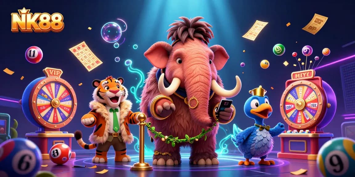 Experience excitement at NK88 with a vibrant cartoon scene showcasing a woolly mammoth bouncer and lottery elements.