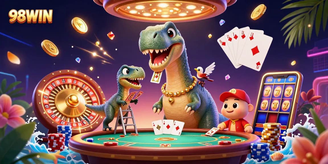 Experience excitement with 98WIN's lively casino scene featuring a giant dinosaur and dynamic gaming elements.