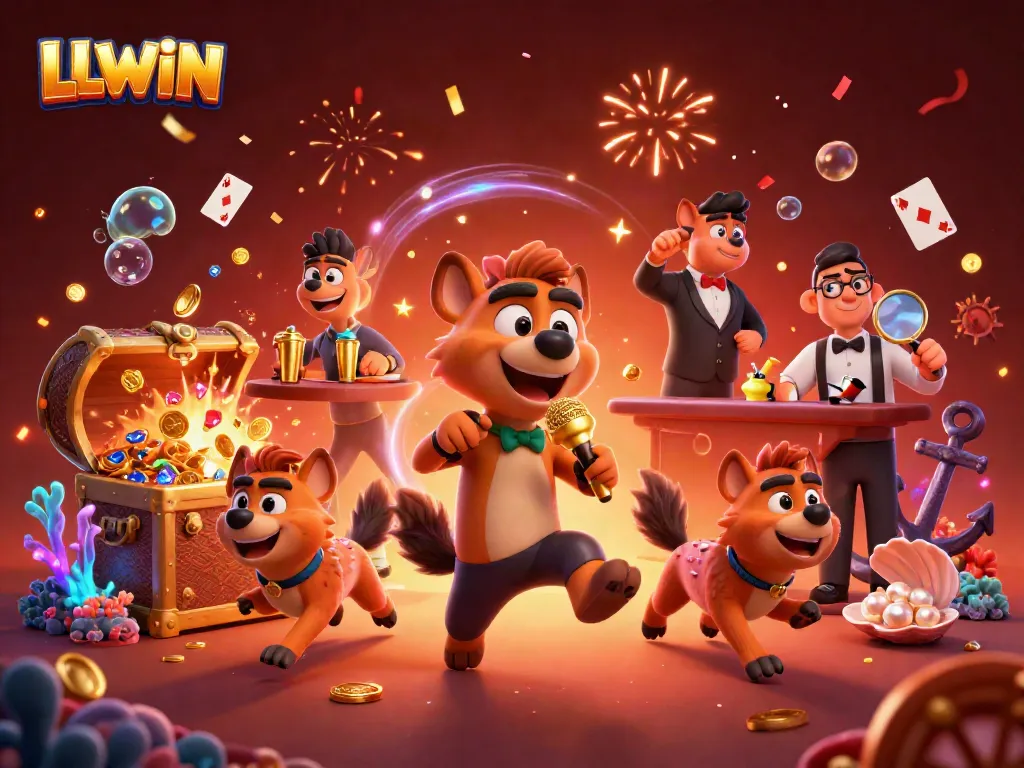 Hyenas running a comedy casino club in a vibrant 3D illustration celebrating LLWIN gaming.