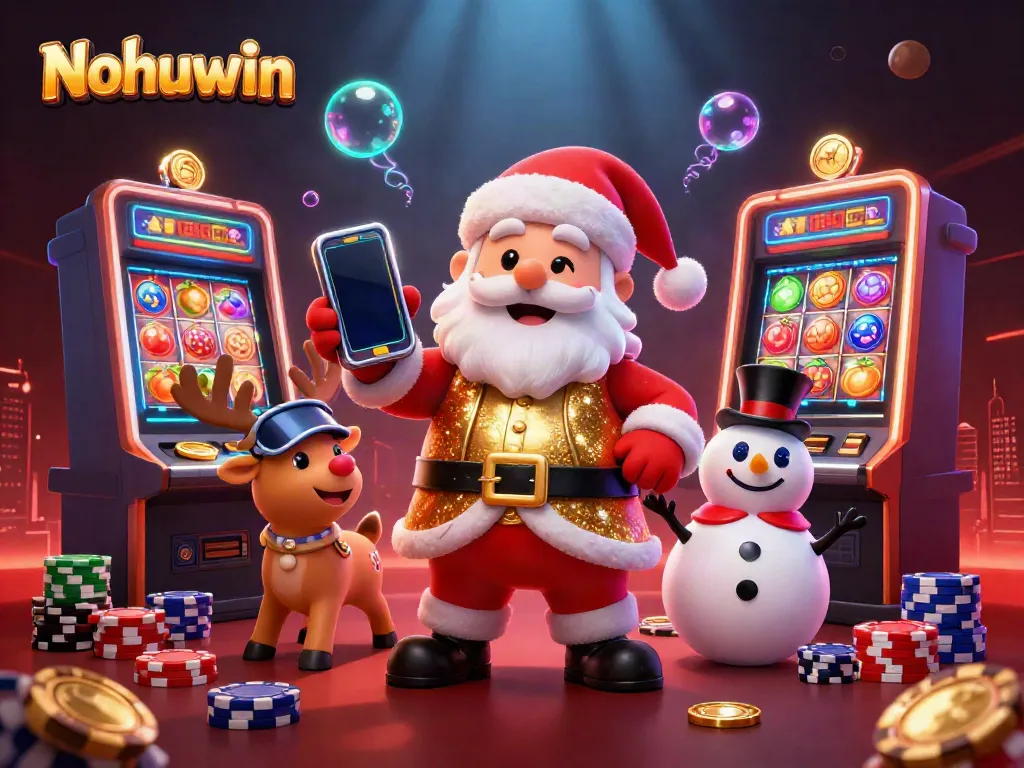 Nohuwin brings excitement to players with a festive Santa and friends celebrating jackpot wins in a vibrant casino.