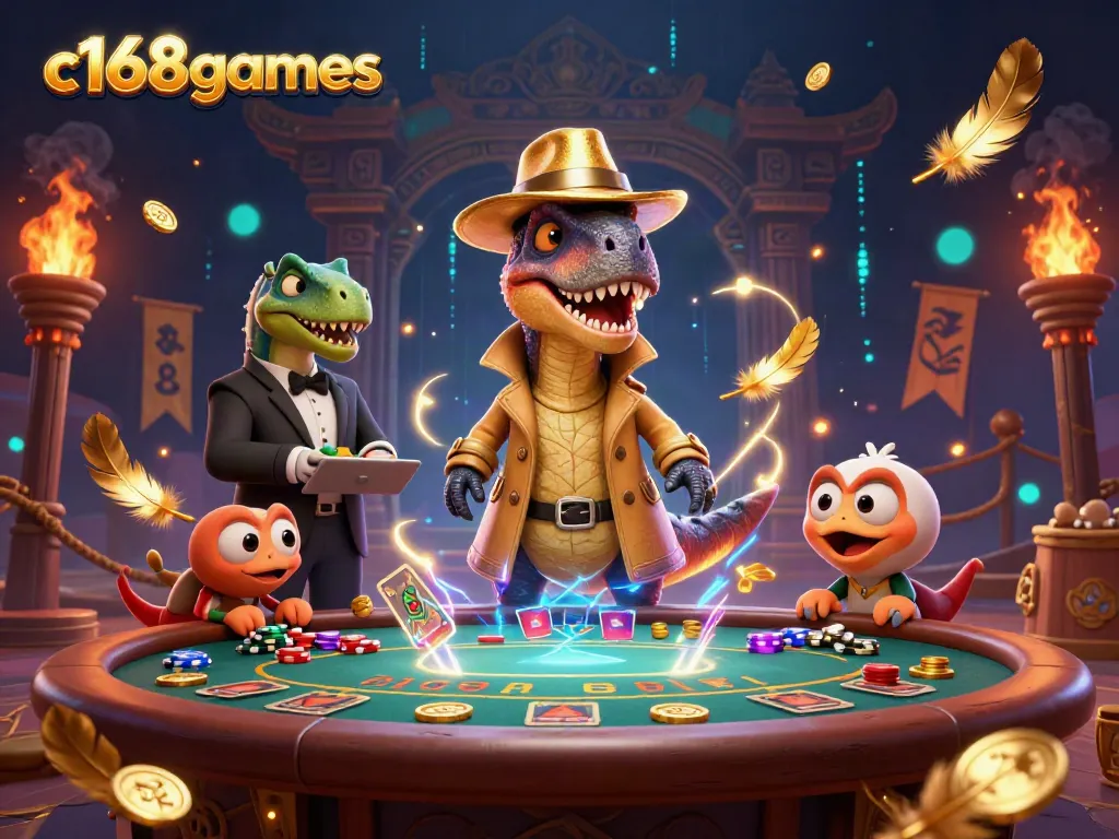 c168games features a velociraptor card counter at a blackjack table with a stegosaurus pit boss and a compy pickpocket.