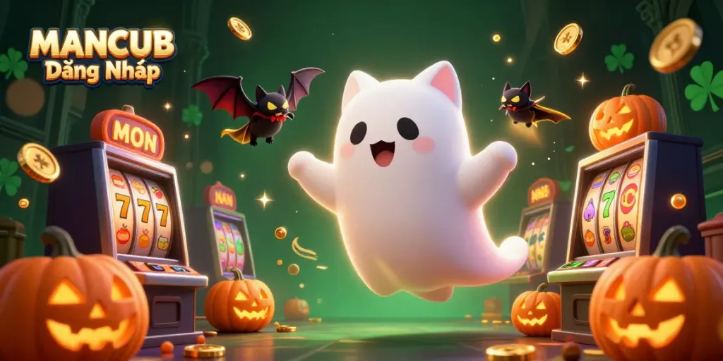 Experience MANCUB Đăng Nhập with a vibrant 3D casino scene featuring a ghost cat and a vampire bat.