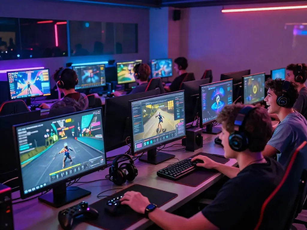 Exciting gaming scene at NBET with players enjoying various games and vibrant neon lights.