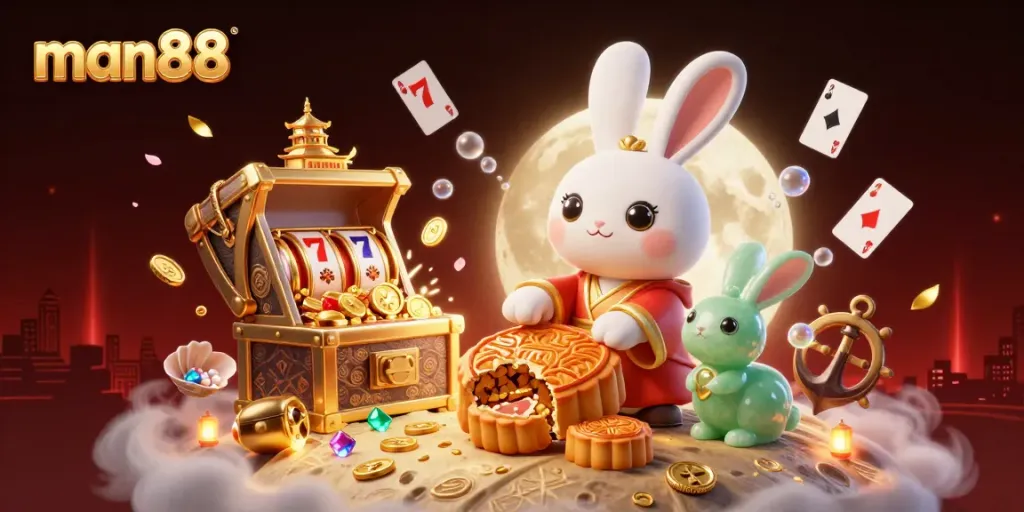 Spin and win with Man88 at a vibrant online casino illustrated scene featuring lucky charms and a festive atmosphere.