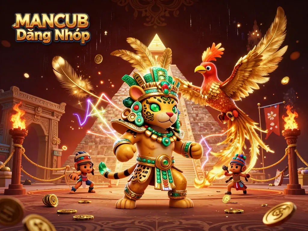 MANCUB Đăng Nhập showcases a dynamic 3D scene with vibrant Mayan characters amidst a thrilling casino atmosphere.