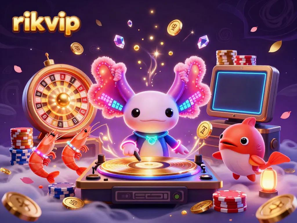 Engage in thrilling gameplay with rik vip's neon-themed casino world, featuring energetic characters and game elements.