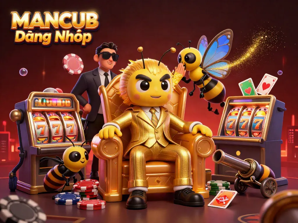 Win at MANCUB Đăng Nhập with a lively casino scene featuring a bumblebee mob boss and games.