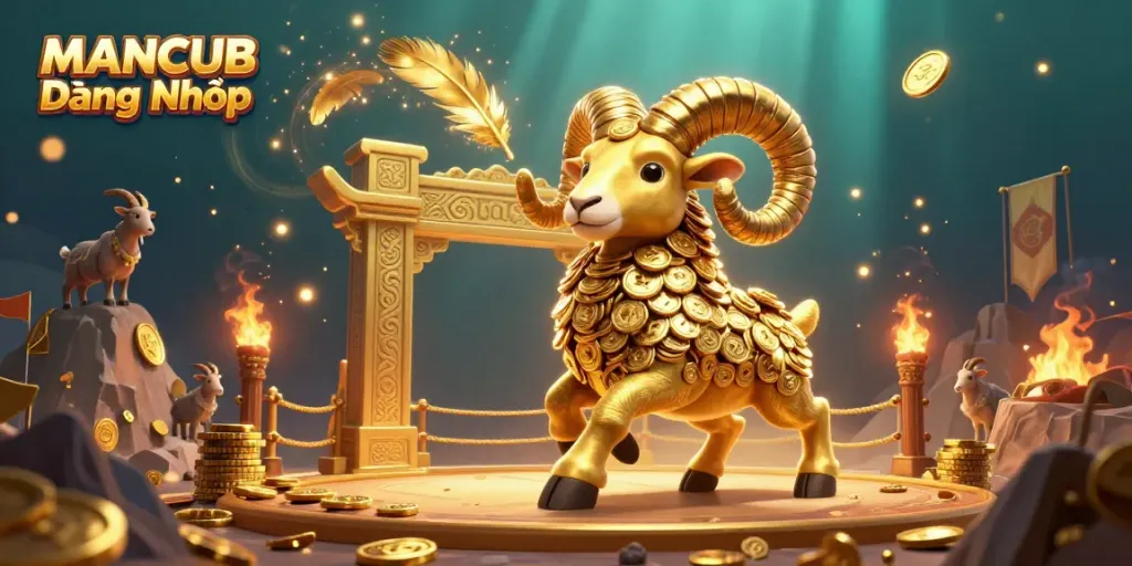 MANCUB Đăng Nhập features a golden ram charging through a vibrant casino scene with coins and tokens.
